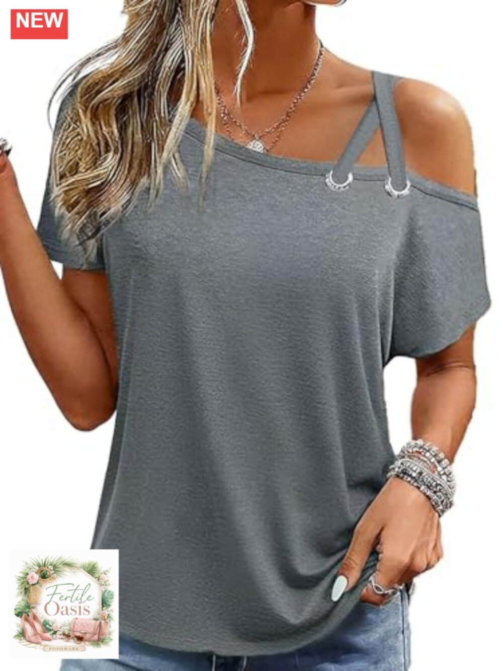 Women's One Shoulder Short Sleeve Eyelet Top Lightweight Summer Tee
